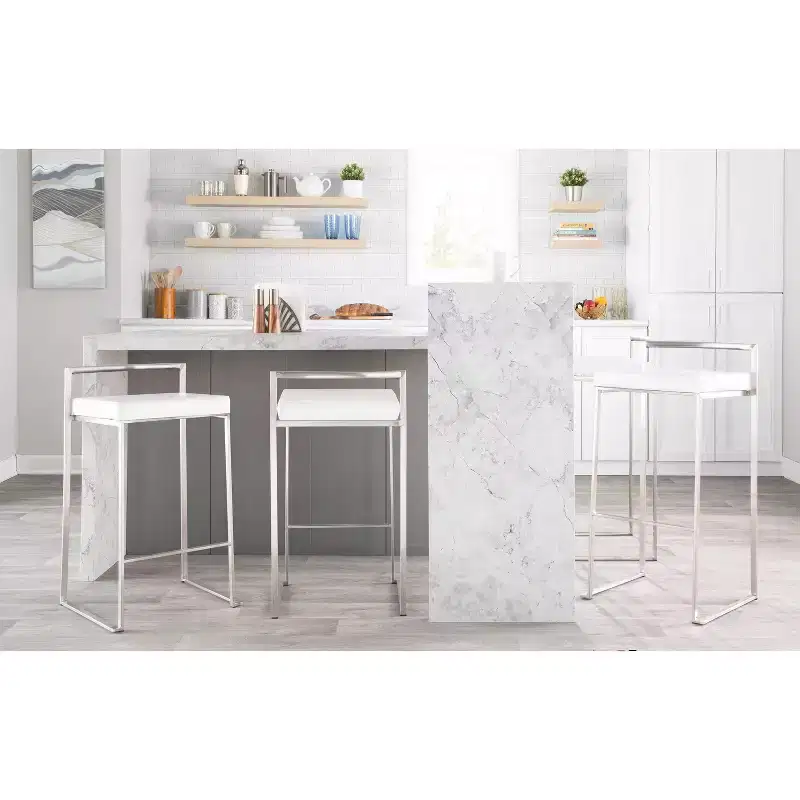 LumiSource Set of 3 Fuji Stacker Counter Height Barstools Stainless Steel/White PU
