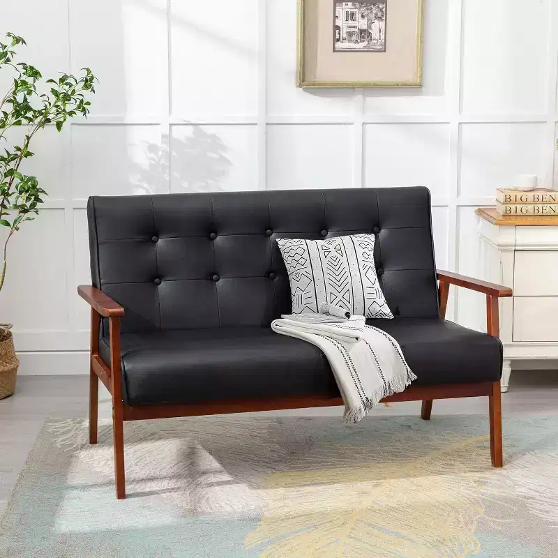 TYBOATLE Black Small Leather Couch for Office, Booth Seating 2 Person Waiting Room Bench Couch, Mid Century Modern Loveseat Wood Sofa