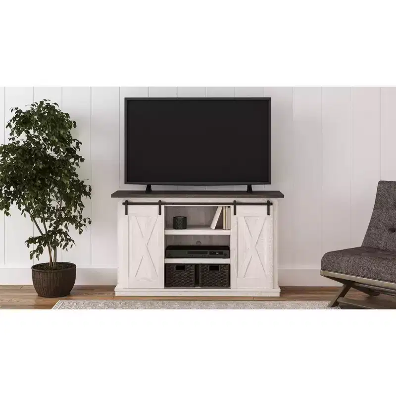 Signature Design by Ashley Dorrinson Medium TV Stand for TVs up to 63" Two-Tone: Farmhouse Media Console with Adjustable Shelves
