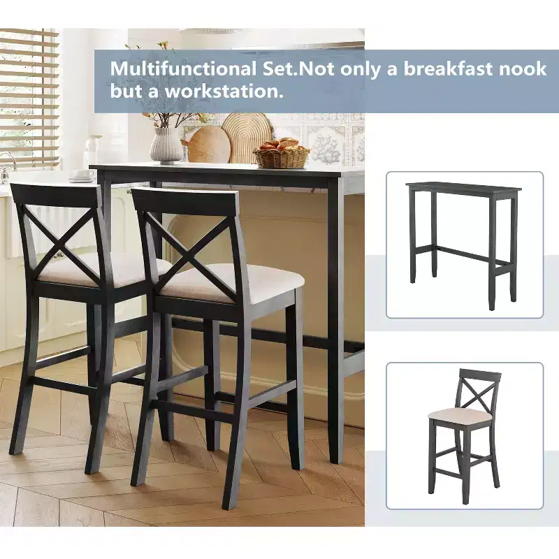 Farmhouse 47.5 Rectangular Wood Bar Height Dining Table Set, Kitchen Breakfast Nook with 2 Chairs for Small Places - ModernLuxe
