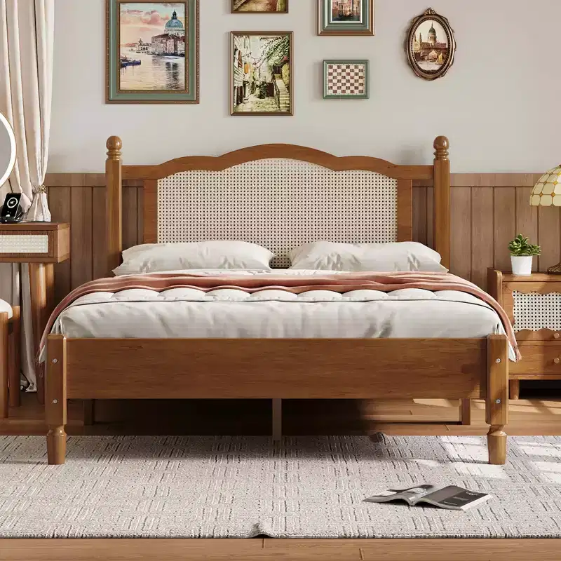 MAYEERTY Full Size Wooden Platform Bed with Natural Rattan Headboard Vintage Bed Frame with Wooden Slat Walnut