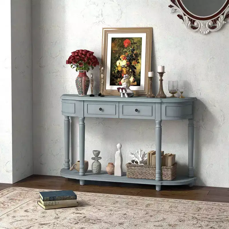 52-Inch Retro Console Sofa Table with 2 Drawers & Open Shelf