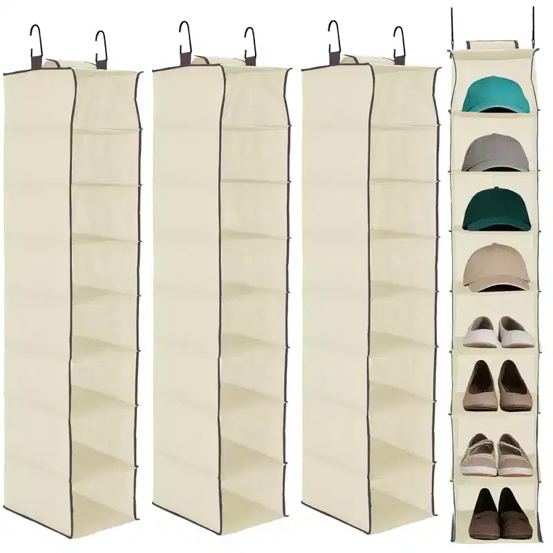 Hanging Shoe Organizer, 8-Shelf Storage Holder with 2 Hooks, No Tools Needed Installation, Space-Saving Shelf for Shoes, Purses, Scarves