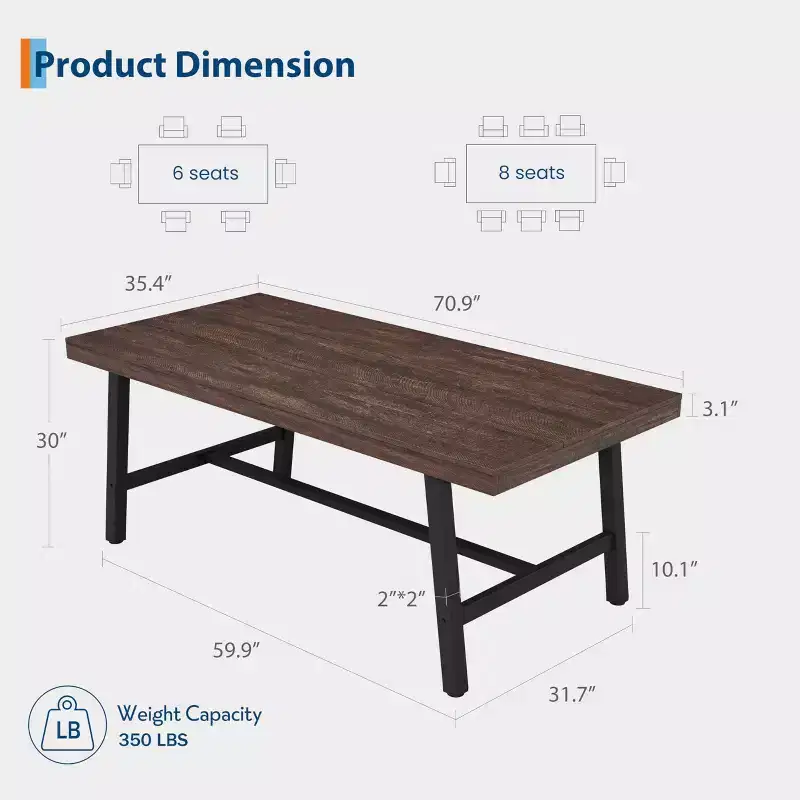 70.87 Industrial Dining Table for 6-8 People, Long Wooden Kitchen Table with Sturdy Metal Frame & Black Finish, Seats 6 Rectangular Counter