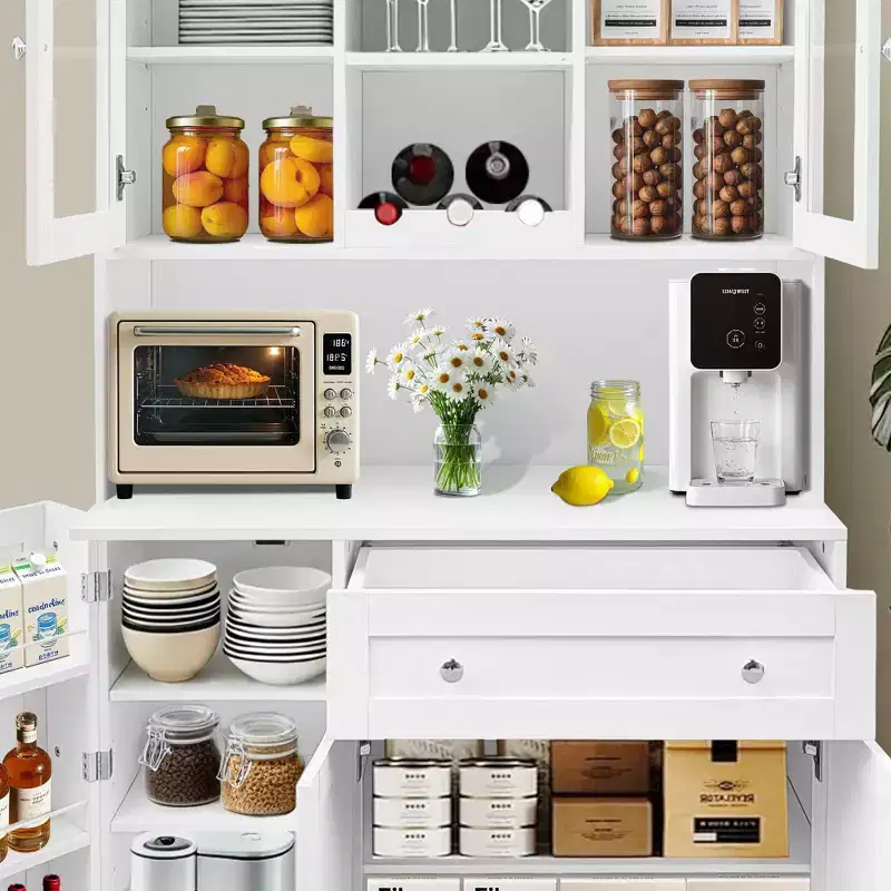 Kitchen Pantry Cabinet, Freestanding Hutch with Wine Rack, Drawer and Glass Door Shelves