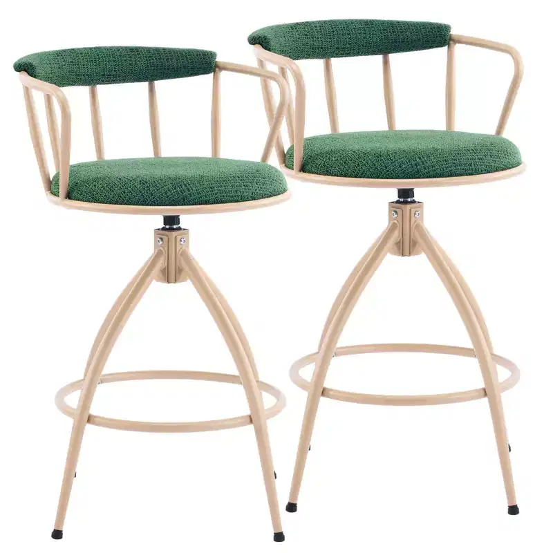 Karl Home 2 Piece Set of Green Swivel Bar Stools with Burlap Seat and Khaki Powder - Coated Iron Legs