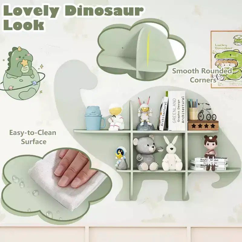 Costway 2-Tier Floating Dinosaur Kids Bookshelf Wall-Mounted Nursery Book Shelf