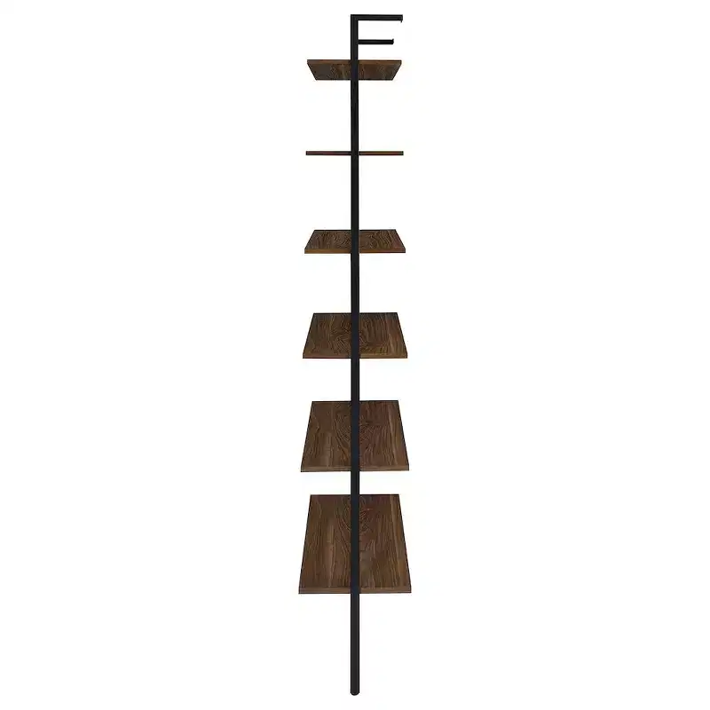 Walnut 6-Shelf Wall Bookcase, Black Metal Frame, 96
