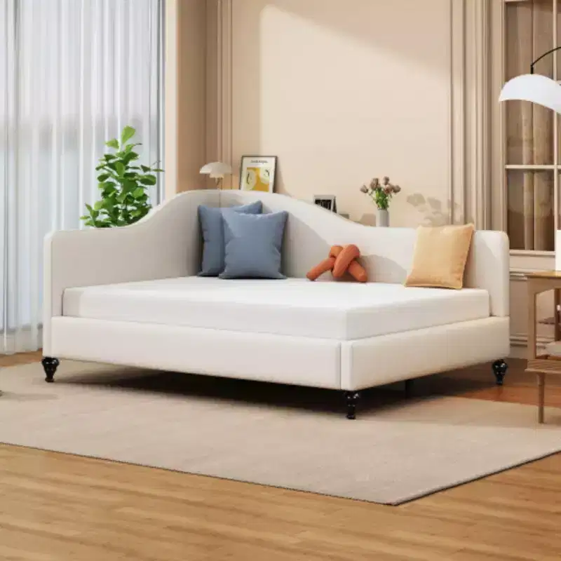 Full Size L-Shaped Linen Daybed, with Solid Wood Legs
