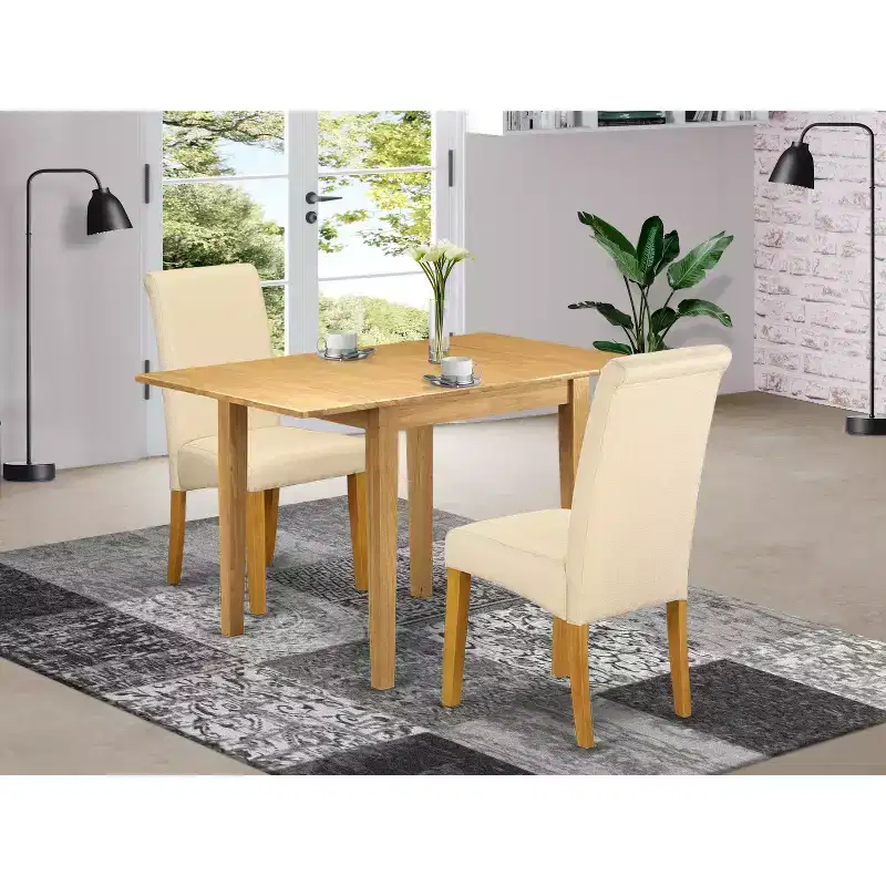 HomeStock Belmont Dining Set 3 Pc - 2 Dining Room Chairs and a Breakfast Table - Oak Finish Wood - Light Baige Color Linen Fabric