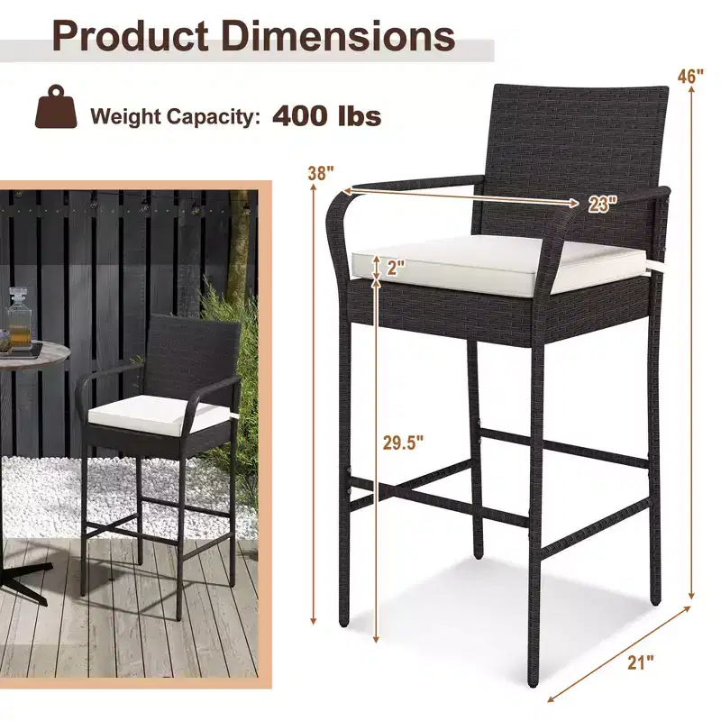 Costway 2PCS Patio PE Wicker Bar Chairs Counter HeightBarstools with Armrests &Cushions
