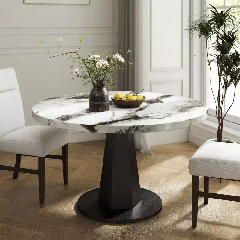 Modern Faux Marble Dining Table with Wood Pedestal Base