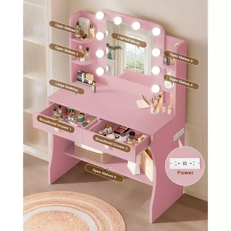 Small Vanity Desk, Vanity with Power Outlet, 3 Lighting Modes & 10 LED Bulbs
