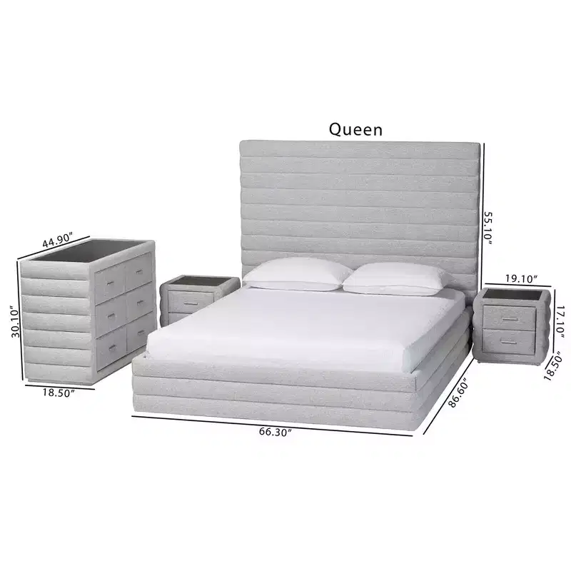 Baxton Studio Cadmus Modern Light Grey Channel-Tufted Fabric 4-Piece Bedroom Set