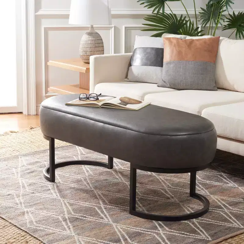 Oval Bench, Grey PU Leather Seat, Elegant Accent Seating - BCH6403