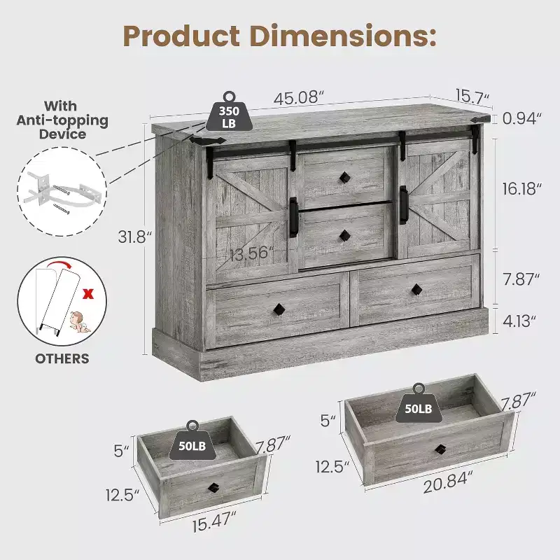 45 White 4 Drawer Dresser with Barn Doors  Bedroom Wood Dresser for Closet, Living Room, TV Stand