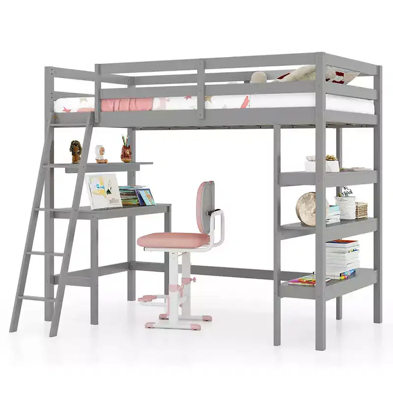 Twin Size Solid Wood Loft Bed with Desk, Bookshelves, Ladder & Guardrails