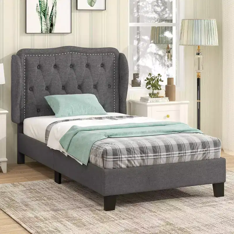 Twin Size Platform Bed Frame with Button Tufted Wingback Headboard & Wooden Slats, Gray