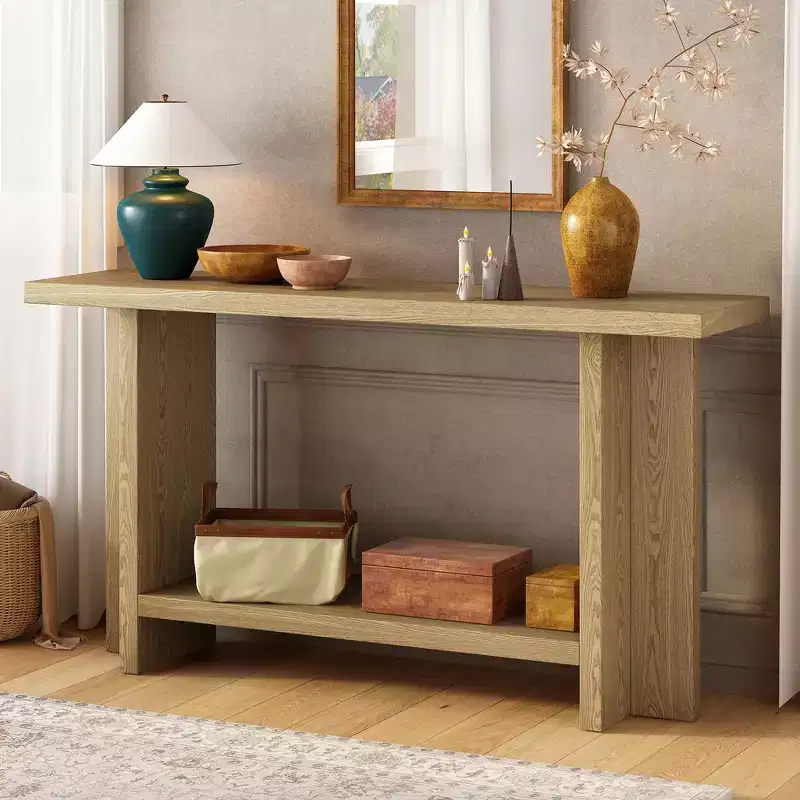 Vintage-Inspired and Ash Wood Veneer Console Table with T-Leg