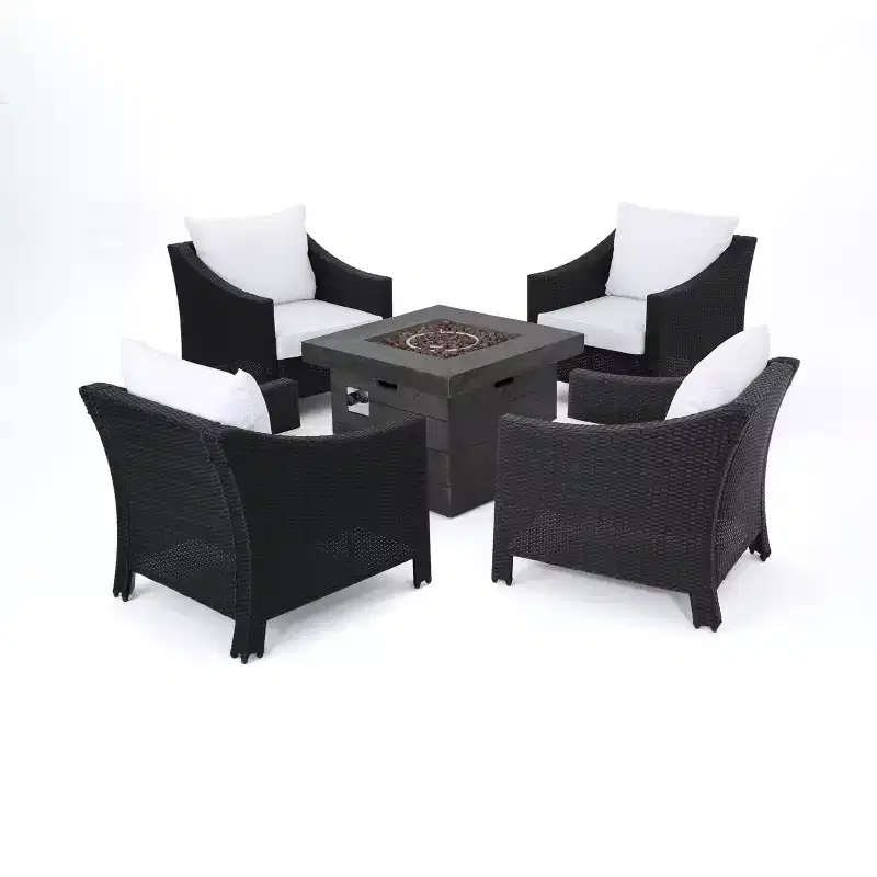 Christopher Knight Home Antibes Outdoor Wicker 5 Piece Club Chair and Fire Pit Set with Cushions