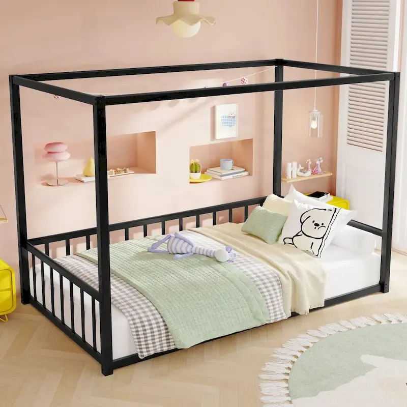 Iron House Bed Frame with Side Guardrails – Full / Queen / Twin