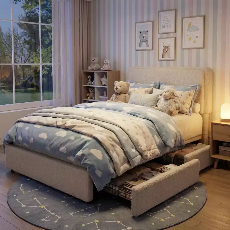 Soft Teddy Fleece Bed Frame with 2 Storage Drawers, Adjustable Headboard,No Box Spring Needed, Easy Assembly, Cloud Cream Color