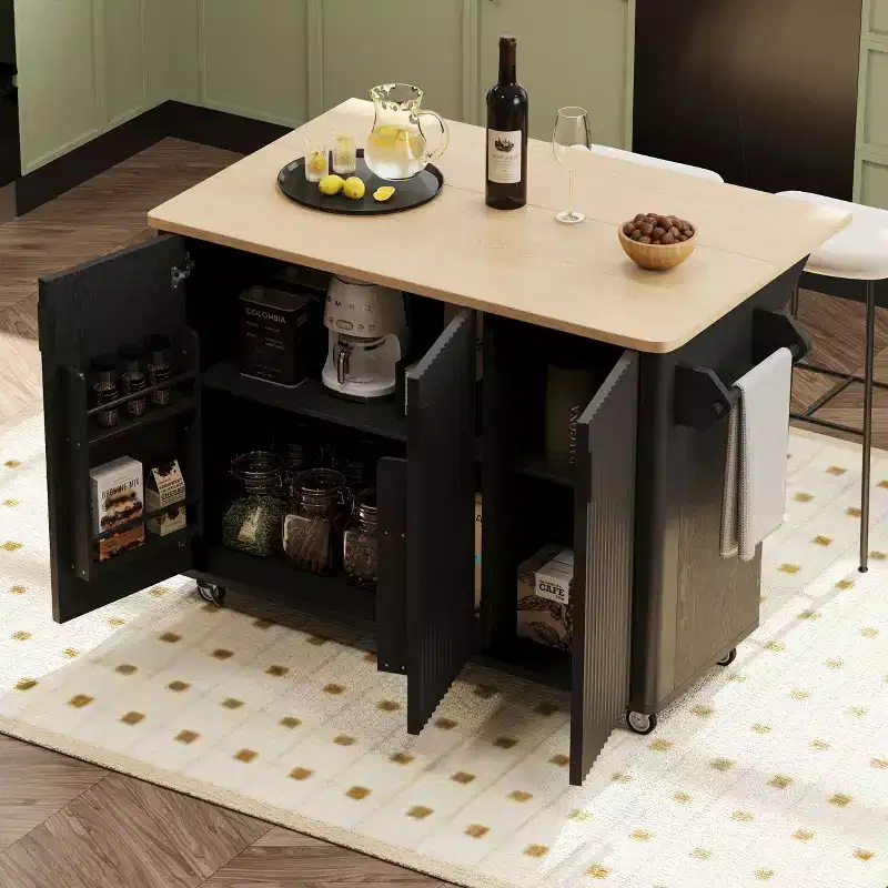 Farmhouse Fluted Kitchen Island with Drop Leaf, Wheels and Internal Storage Rack