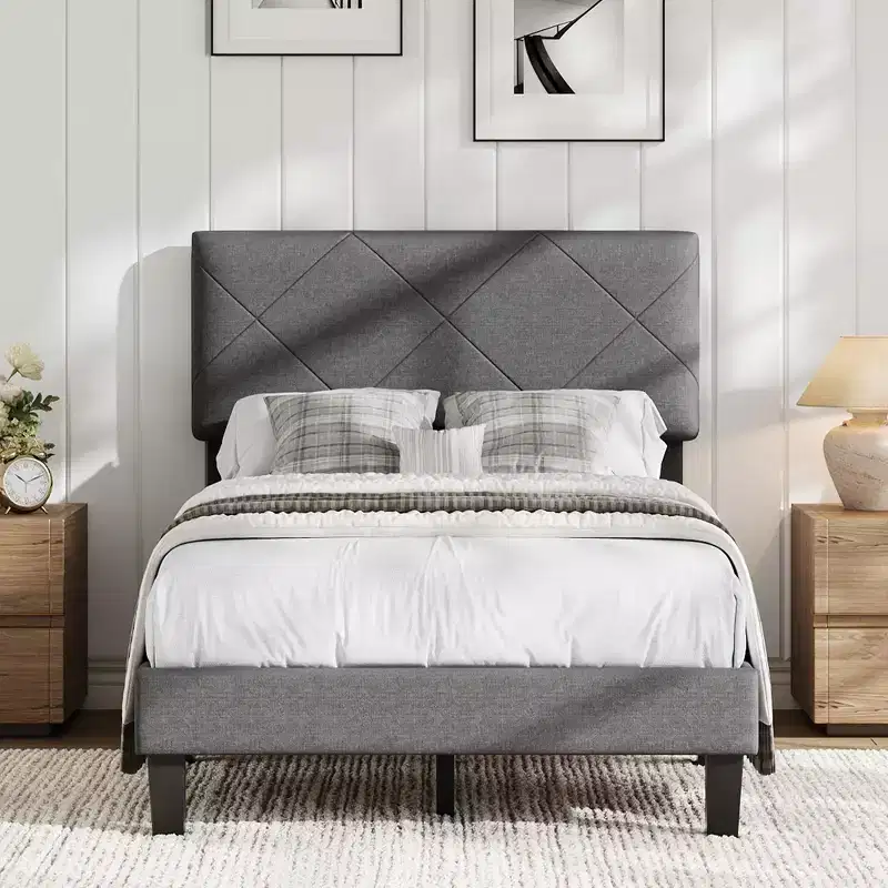Bed Frame with Upholstered Headboard, King Size Platform Bed Frame with Wooden Slat Support, No Box Spring Needed & Noise Free