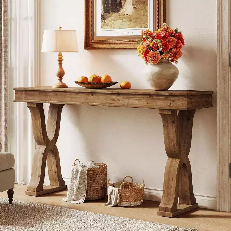 63-Inch Solid Wood Farmhouse Console Table with X-Shaped Legs for Entryway, Hallway, or Living Room