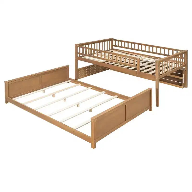 Full Xl Over Queen Low Bunk Bed With Built In Lighted Shelves And Pegboard