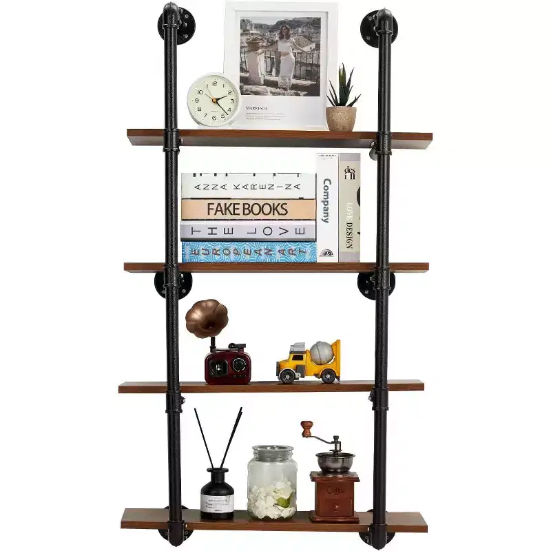 Acekool 4 Tier Industrial Pipe Wall Mounted Shelving, 30 Rustic Floating Shelf Unit, Real Wood, Kitchen Bar, Book & Wine Display Rack