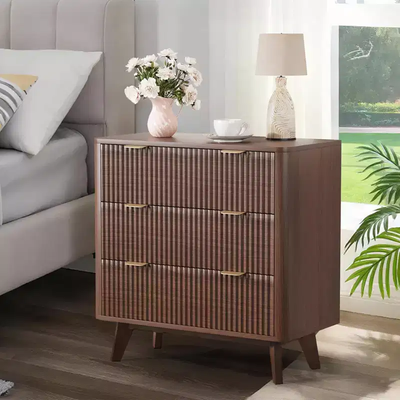 32 Modern Fluted Nightstand - Faux Marble Top & 3 Drawers - Large Walnut Bedside Table for Bedroom, Living Room, Hallway