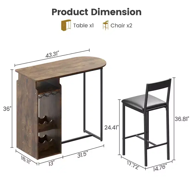 Bar Table and Chairs Set for 2, Space-Saving Dining Table with Triple-Tier Wine Rack and Glass Holder, for Kitchen, Dining Room or Home Bar, Brown