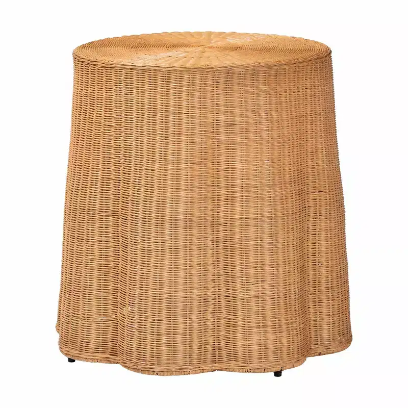 Palm Bohemian Honey Scallop Rattan End Table, Boho Accent Side Table