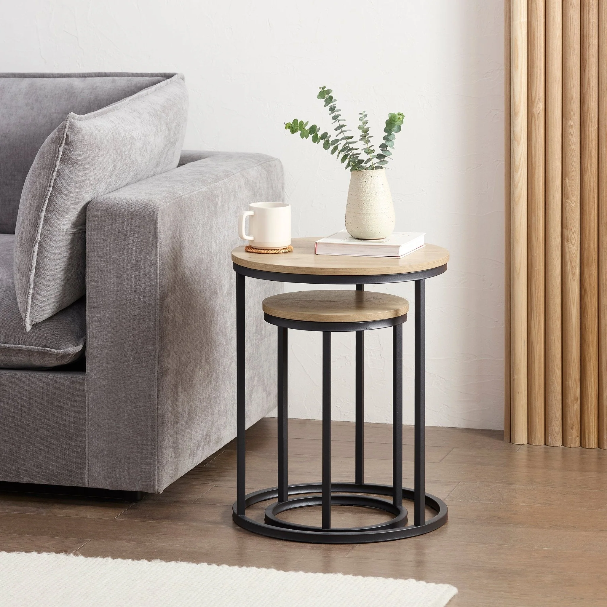 Modern Natural Wood Effect Side Table with Black Metal Legs for Living Room