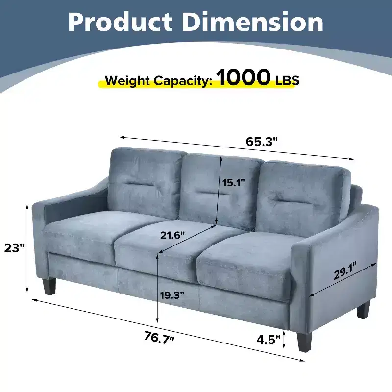 PexFix 3 Seat Sectional Sofa with U-Shaped Spring Links and Solid Wood Frame Mid Century Velvet Upholstered Couch for Living Room Bedroom Office Gray