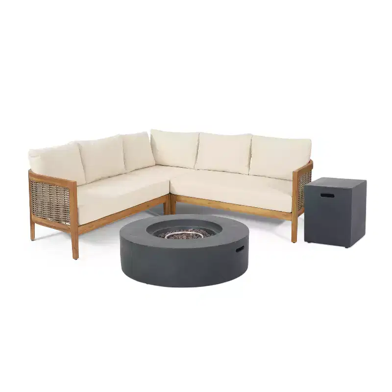 GDFStudio Crowne Outdoor Acacia Wood and Round Wicker 5 Seater Sectional Sofa Chat Set with Fire Pit