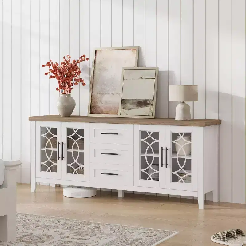 Farmhouse TV Stand for   TV, Mid Century Entertainment Center with 3 Drawer & 2 Storage Doors, Wooden Media TV Console Table for Living Room