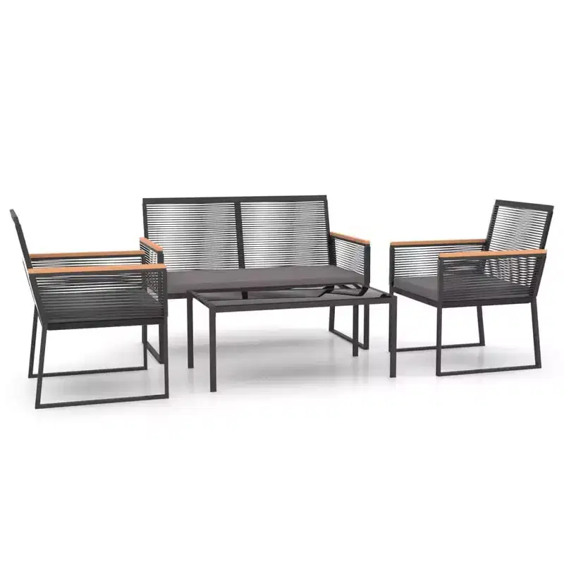 vidaXL 4 Piece Patio Lounge Set - Black Steel and Plywood, Comfortable Garden Chair with Thick Cotton Cushions, Modern Design, Rectangular Table