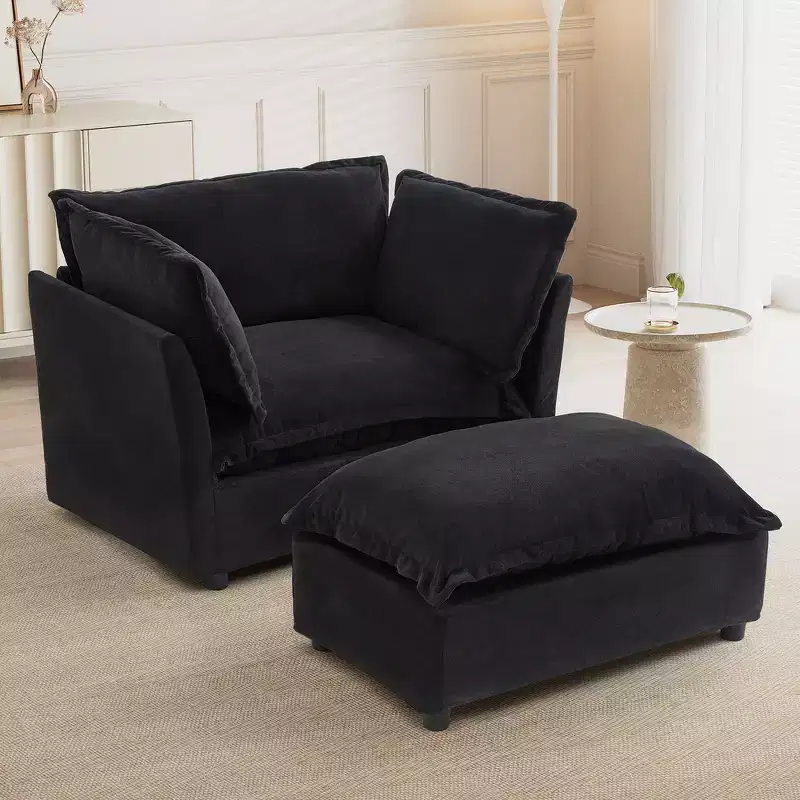 Chenille Armchair with Movable Ottoman, Wide Seat & Curved Armrests
