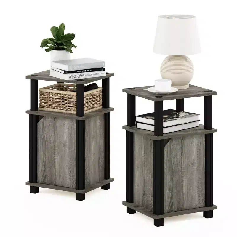2PCS Mid-Century 3-Tier Sofa Side Telephone Table Nightstand Accent End Table w/Storage Cabinet&Open Display Bookshelf,French Oak/Black