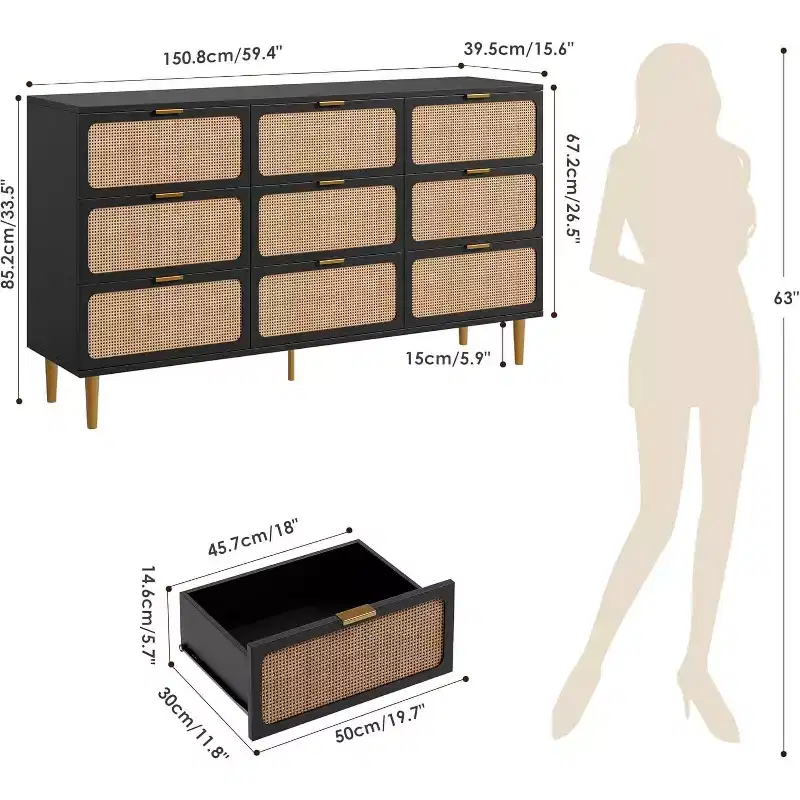9-Drawer Tall Rattan Dresser - Modern Wooden Chest with Deep Storage & Wide Top for Bedroom, Living Room, or Hallway