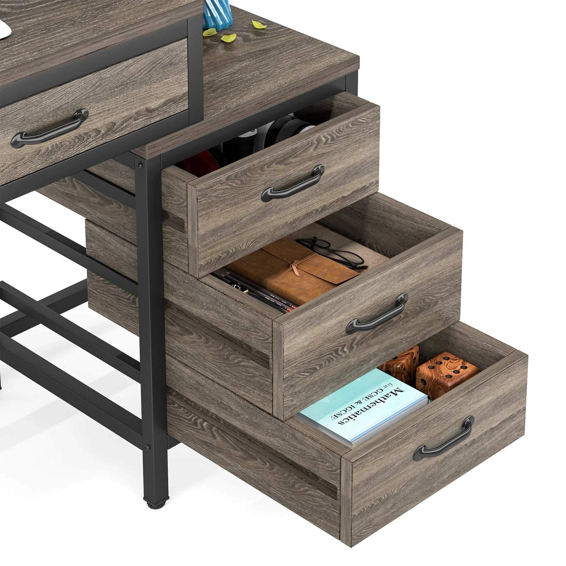 Reversible Computer Desk with 5 Drawers, Home Office Desk with File Cabinet Drawer Printer Stand