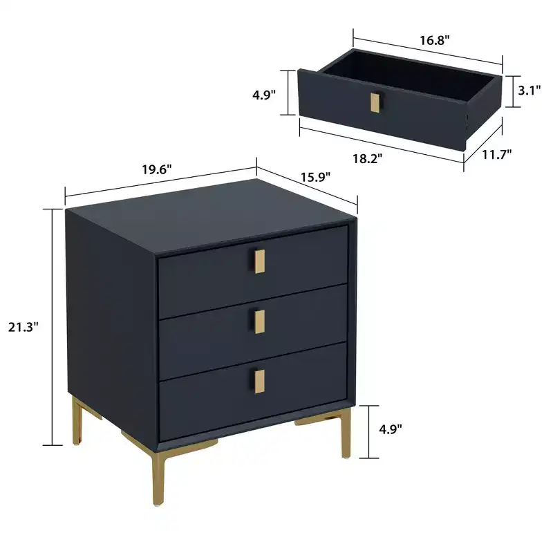 Hitow 3 Drawer Nightstand Metal Base Bedside Dresser