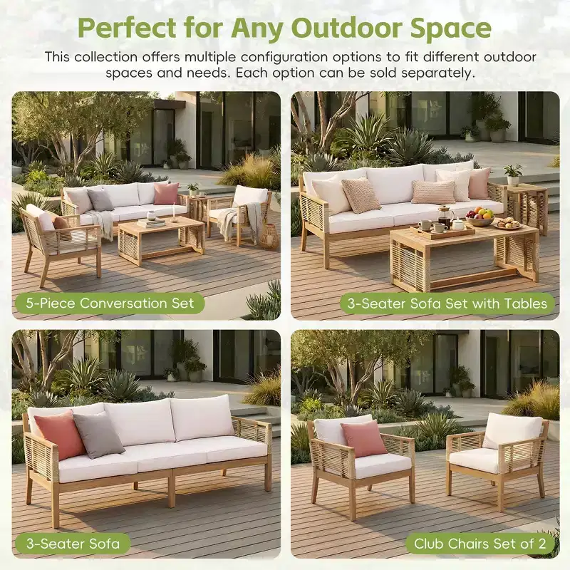 Whisen 5-Piece Patio Acacia Wood Sofa Set, Outdoor Seating Conversation Set with 3 Seater Sofa, 2 Chairs and 2 Coffee Tables