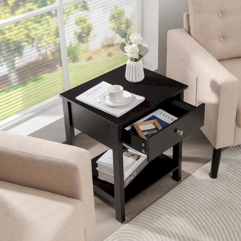Gymax 2PCS 2-Tier Nightstand Modern Side End Table w/ Drawer & Open