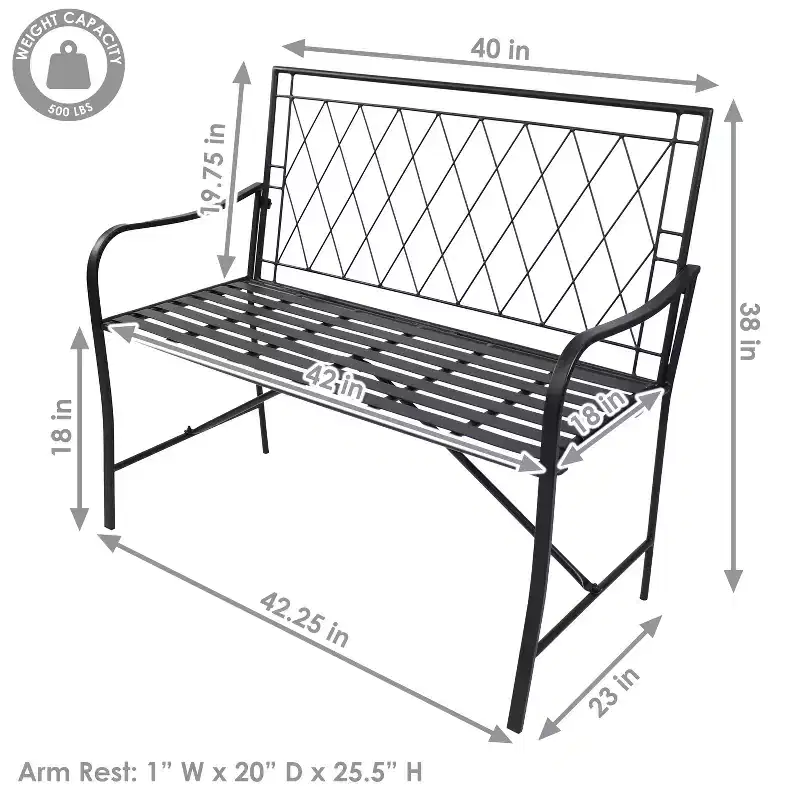 Sunnydaze Outdoor 2-Person Iron Argyle Diamond Patio Bench - Black