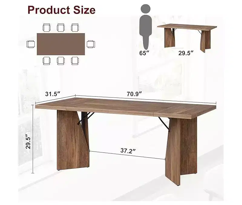 71 Inch Rectangular Dining Table for 6-8 People, Farmhouse Large Kitchen Table, Wooden Dinner Table with Thickened Long Tabledesk & Sturdy Flat Legs
