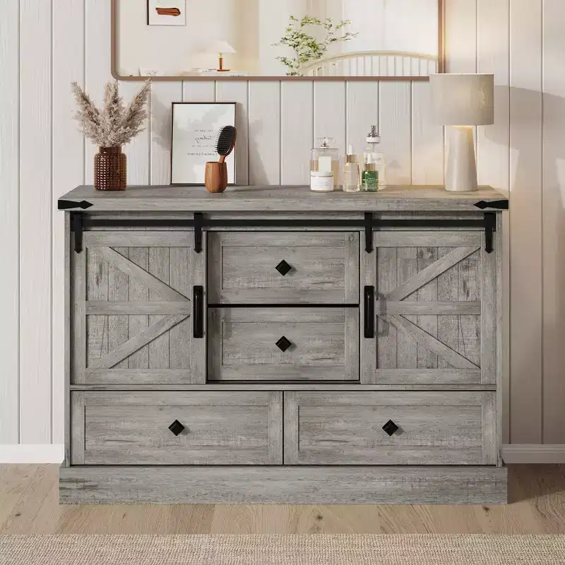 4-Drawer Dresser with Sliding Barn Doors & Adjustable Shelves