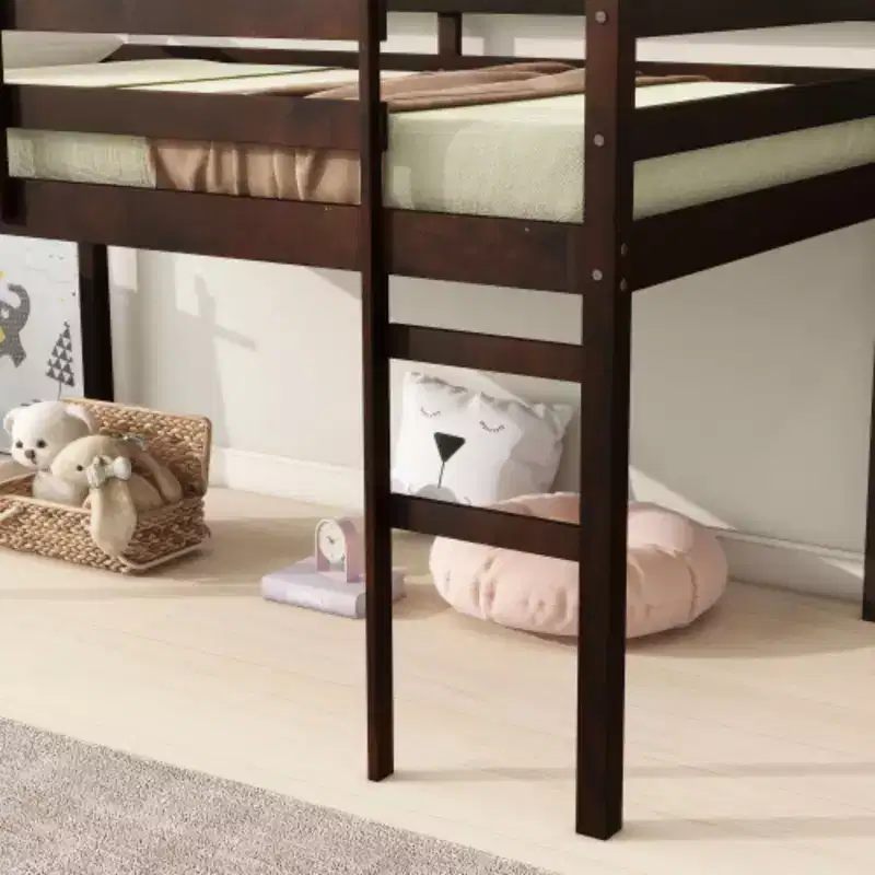 Twin High Loft Bed with Integrated Desk & Safety Guardrail, Solid Rubberwood, Grey